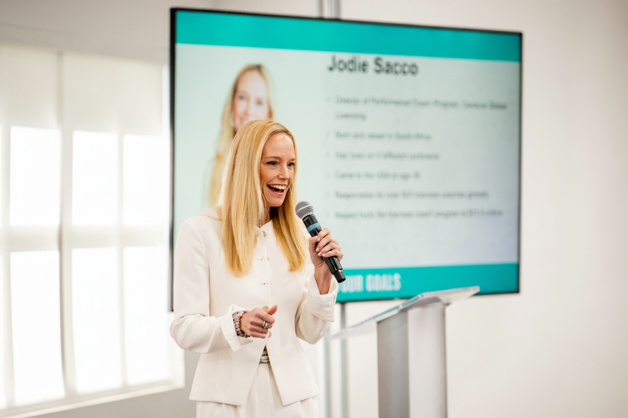 Jodie Sacco speaking on stage